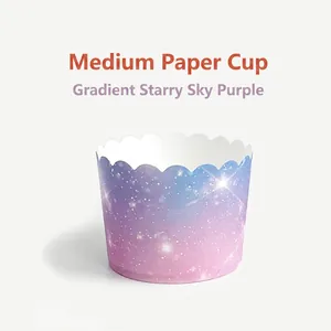 Detail of medium-sized muffin cups with purple and blue starry gradient and wavy edges