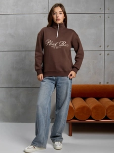 Sweat-shirt femme marron foncé avec demi-fermeture éclair, imprimé lettres et style urbain