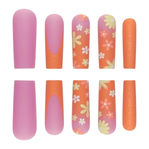 Orange and pink matte press-on nails set with daisy floral patterns and colorful glitter