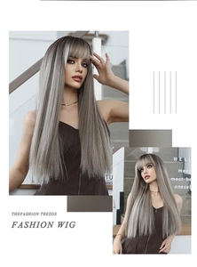 Detail view of long straight silver grey ombre wig with bangs in a modern studio