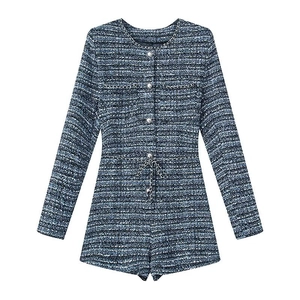 Combinaison en tweed ajustée de style français avec manches longues et ceinture en chaîne