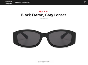Front view of oval sunglasses with thick black frames and dark grey polarized lenses