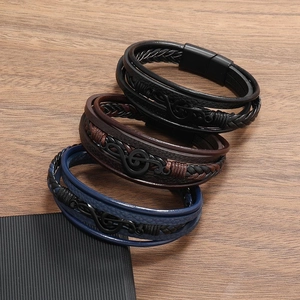 Multilayer leather bracelet for men featuring musical symbols and magnetic clasp