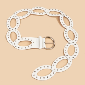 Vintage white PU leather belt with hollow oval rings and silver rivet studs for women
