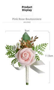 Pink PE rose groom corsage with white ribbon, gold leaves and green ferns detail