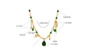 Detail view of pearl and jade pendant necklace with measurements and material labels