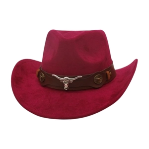 Macro shot of silver bull head metal buckle and vintage studs on burgundy suede cowboy hat