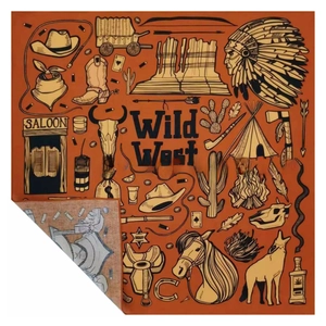 Detail of Wild West bandana featuring vintage cowboy and Indian chief prints in tan cotton