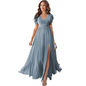 Dusty blue chiffon bridesmaid dress with flutter sleeves, deep V-neck and high leg slit