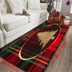 Close-up of 180x60cm red plaid Christmas rug with golden tree pattern in a living room
