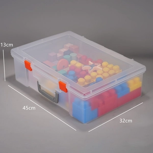 Contenitore trasparente con fibbie arancioni e maniglia, 45cm x 32cm x 13cm