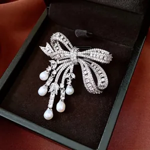 Elegant Brooch Pin Copper Zircon Artificial Pearl Tassel Bowknot Animal Flower Shape Luxury Suits Accessory For Women