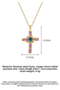 Detailed size specifications for the pink crystal cross and evil eye pendant necklace