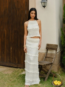 Women Halter Neck Pleated Top And Ruffle Maxi Skirt Chiffon Beach Vacation Bohemian Sexy Outfits White