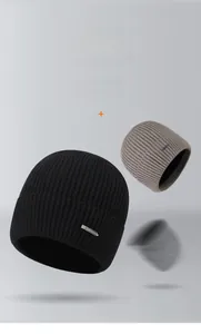 Detailed close-up of soft ribbed knit texture and brand label on winter beanie hat