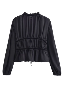 Flat lay back view of black blouse featuring ruffle stand collar and pleated waist detail