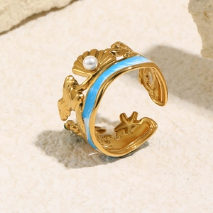 18K gold plated stainless steel mermaid open ring with starfish shell and blue enamel