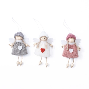 Three handmade knitted angel dolls in grey white and pink for Christmas tree hanging decor