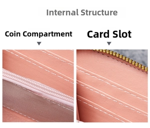 Détails de l'intérieur du portefeuille rose avec fentes pour cartes et poche zippée