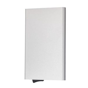 Detailed macro view of the silver aluminum RFID blocking card holder with pop-up mechanism