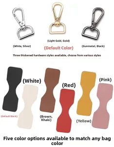 Close-up of thickened metal hooks and colorful leather connector patches for bags