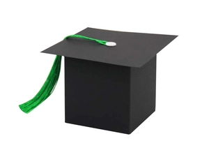 Detail view of a black graduation cap gift box with a decorative emerald green tassel