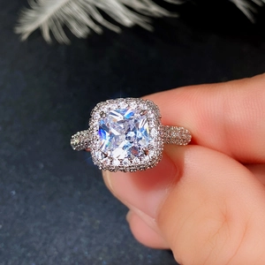 Elegant square-cut halo cubic zirconia ring with micro-pave diamond band for women