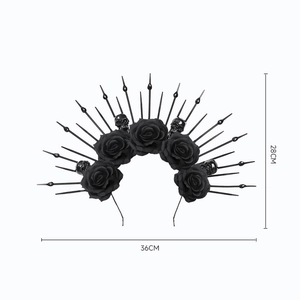 Gothic halo headband with black roses, mini skulls and radial spikes, 36x28cm size