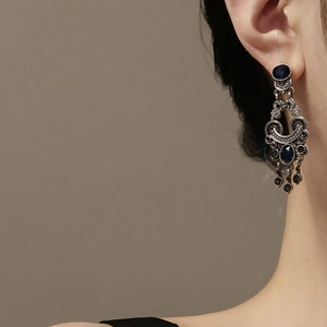 Baroque vintage earrings with blue sapphire stones and silver tassels for women