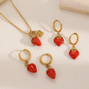 Cute strawberry jewelry set with gold necklace and matching hoop earrings for summer