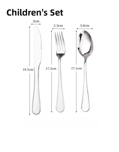 Size chart for children's stainless steel cutlery set with knife, fork and spoon