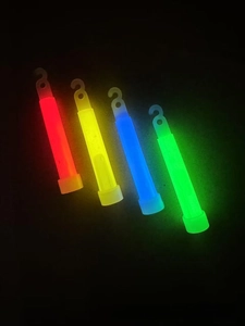 Macro shot of glowing four-color chemical light sticks with integrated hanging hooks