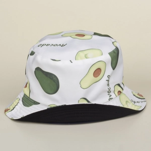 Detail of avocado pattern print on white canvas bucket hat with black inner lining