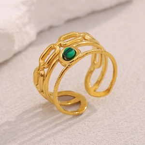 Close-up of gold layered ring featuring a round green malachite stone inlay