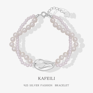Layered Shell Artificial Pearl Bracelet 925 Sterling Silver Coffee Bean Link Heart Charm Adjustable For Women Elegant
