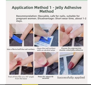 Detail guide showing steps to apply press-on nails with jelly glue and prep tools