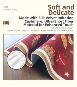 Close-up of soft velvet Christmas rug showing the fine red fibers and festive patterns