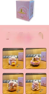 Detailed view of four cute pig resin figurines with dimensions and themed packaging boxes