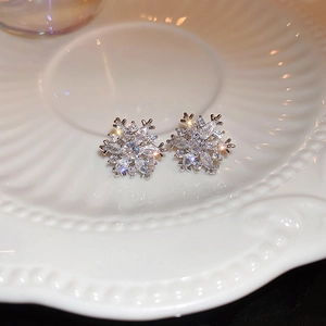 Macro shot of silver snowflake earrings with sparkling crystals on vintage ceramic plate
