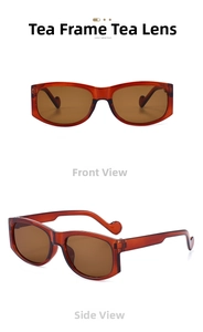 Detail of tea-colored rectangular sunglasses with unique heart-shaped temple tips