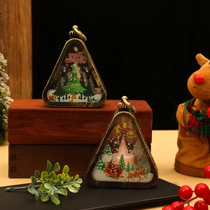 Retro Christmas lantern with LED candle and festive scenes for holiday table decor