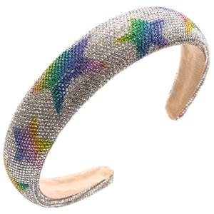 Macro view of wide sponge headband with crystal star patterns and beige suede lining