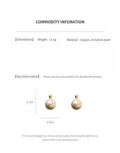 Detail view of gold-plated pearl earrings with dimensions 3.7cm x 2.2cm and 11.6g weight