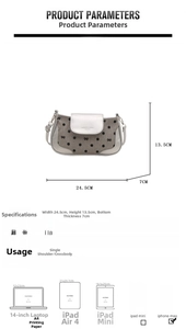 Guide des tailles du sac à pois avec dimensions 24.5x13.5x7cm et tableau de capacité