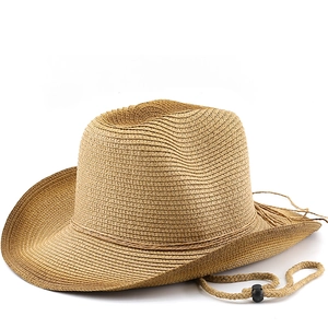 Western Cowboy Hat Woven Breathable Wide Brim Sun Protection Adjustable Windproof Rope Summer Outdoor Gradient Jazz Cap Unisex