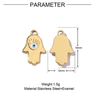 Detail view of 19mm gold Hamsa Hand pendant in stainless steel with blue enamel Evil Eye