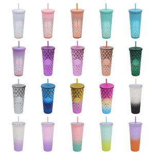 Studded Tumbler With Straw Insulated Plastic Reusable Water Cup Diamond Texture Gradient Color For Cold Drink