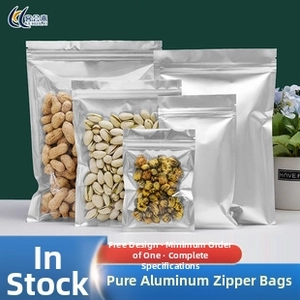 Aluminum foil zip lock bags in multiple sizes with nuts to show food grade storage