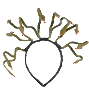 Detail of Medusa headband with green snakes and red eyes on black base frame