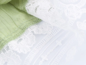 Detailed macro view of green linen fabric with intricate white floral lace embroidery
